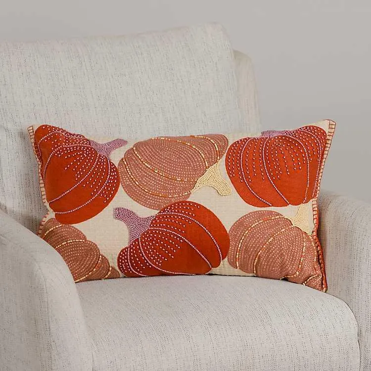 Crewel Embroidered Pumpkins Lumbar Pillow