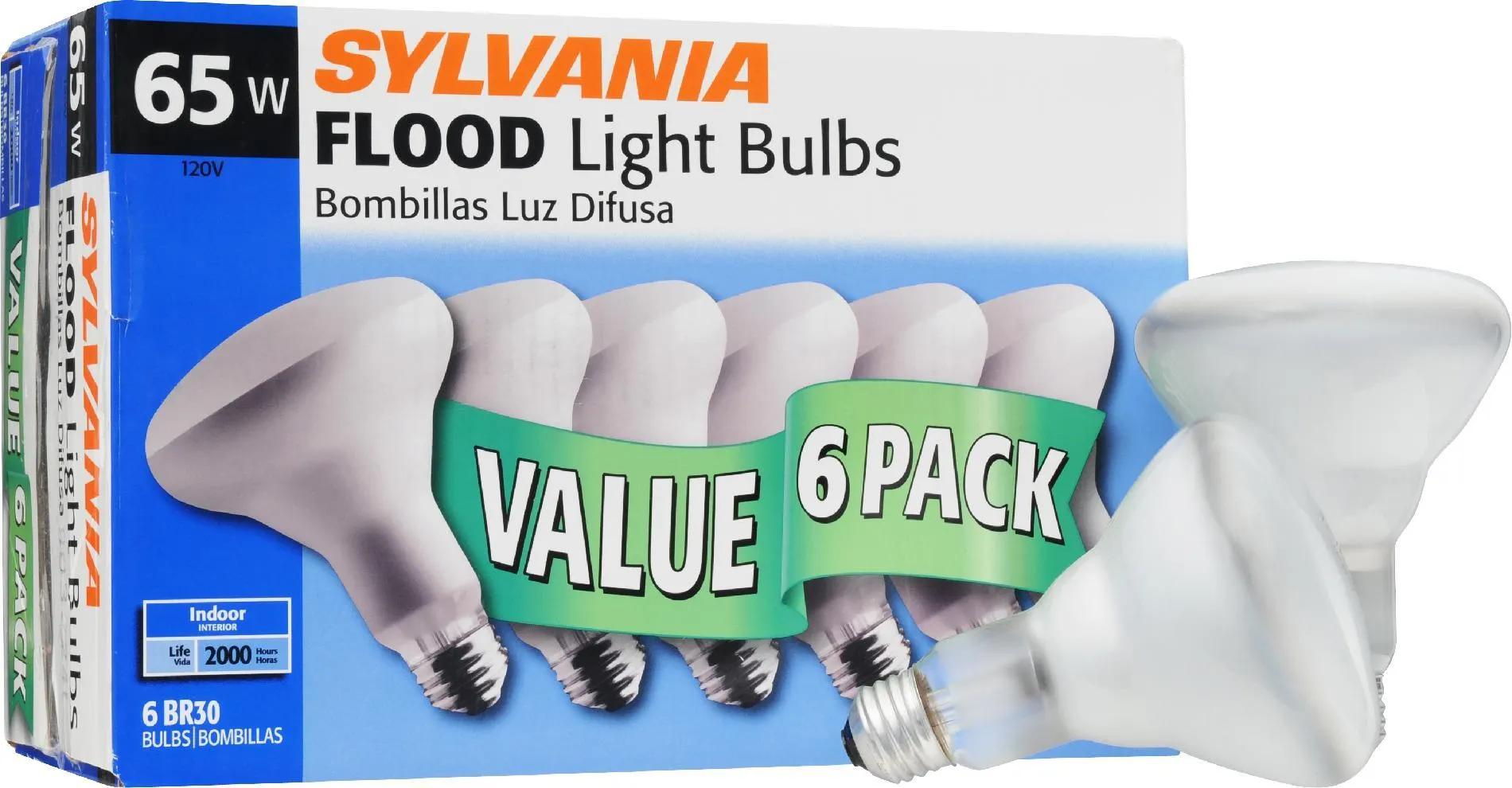 Sylvania Incandescent Frosted Reflector Flood Lamp BR30-Medium Base 120V Light Bulb 65W - 6 Pack