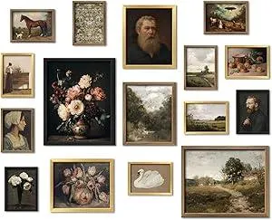 16 PCS Framed Vintage Wall Art Decor, Moody Victorian Gothic Farmhouse Gallery Wall Frame Set Prints for Bedroom Bathroom, Rustic Landscape Posters for Living Room Aesthetic, Home Artwork Collage Kit