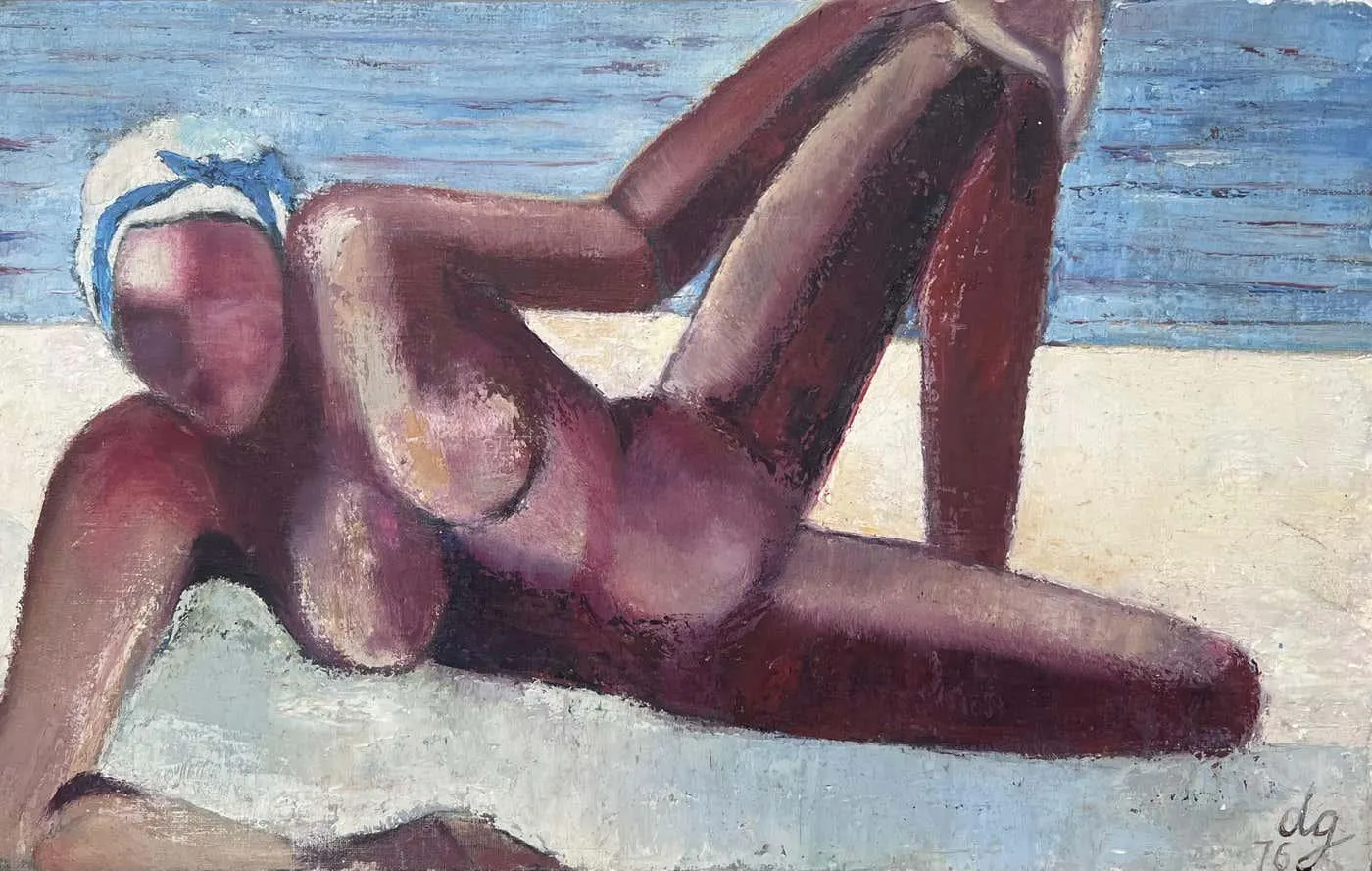 Danie Gruau 1970's French Modernist Signed Oil Nude Lady on Beach Superb Quality Painting 20th Century