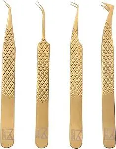 M LASH Tweezers for Eyelash Extensions (Set of 4) - Professional Lash Extension Tweezers - Fiber Tip, Japanese Steel, Diamond Grip Eyelash Extension Tweezer (Gold)