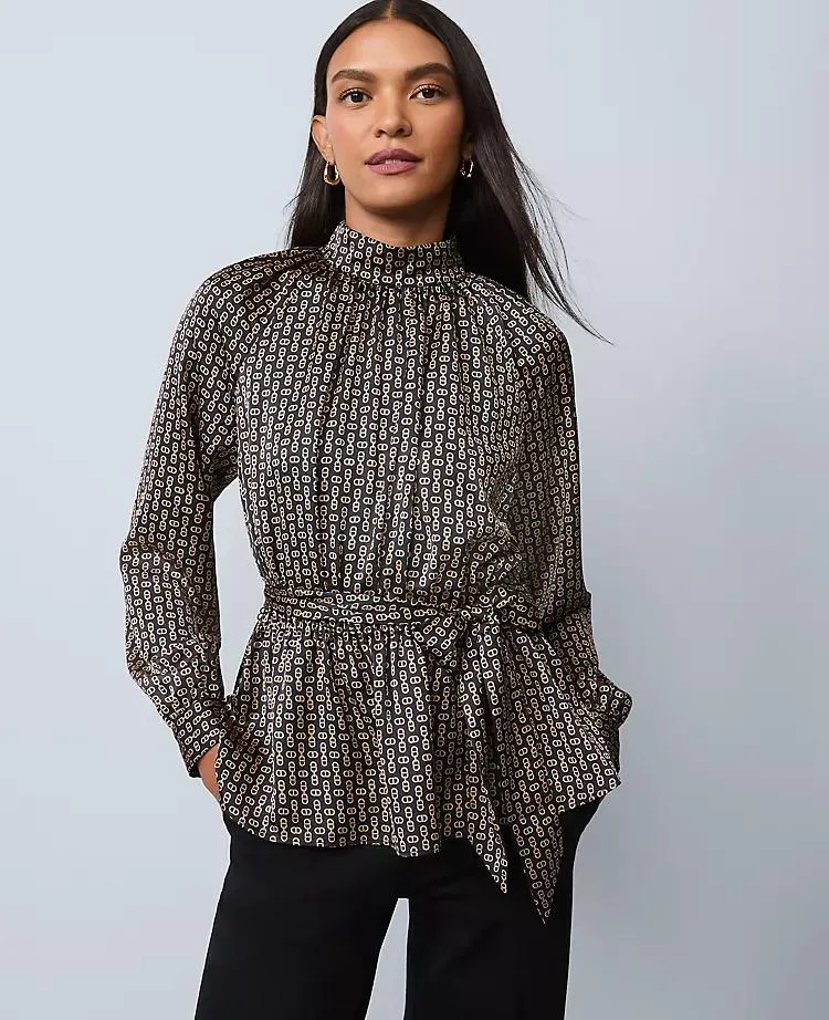 Chain Link Print Tie Waist Blouse