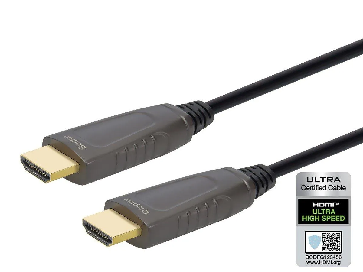 Monoprice 8K Ultra High Speed Fiber Optic Certified HDMI Cable - 8K@60Hz, 4K@120Hz, 48Gbps, HDR, VRR, Active Optical Cable (AOC), 49ft, Black
