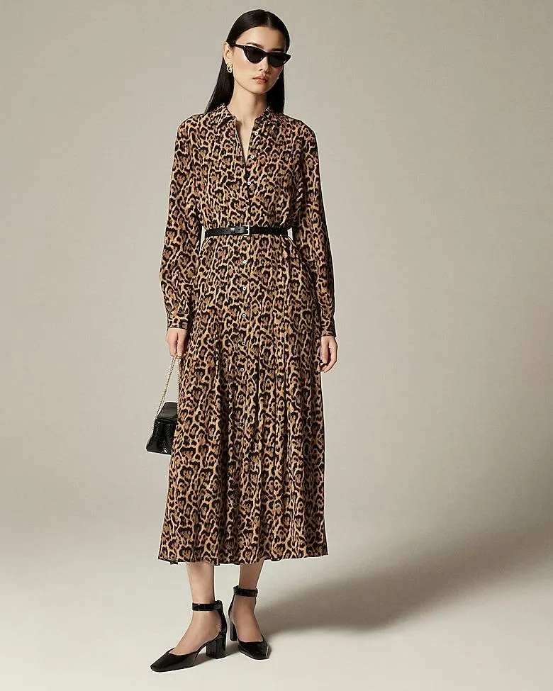 Drapey pleated shirtdress in leopard print