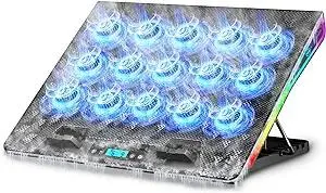 AICHESON Gaming Laptop Cooling Pad with 15 Cooler Fans, RGB Ultimate Computer Stand Base with Silent Fans for 15-18 Inch Laptops, Blue LED Lights