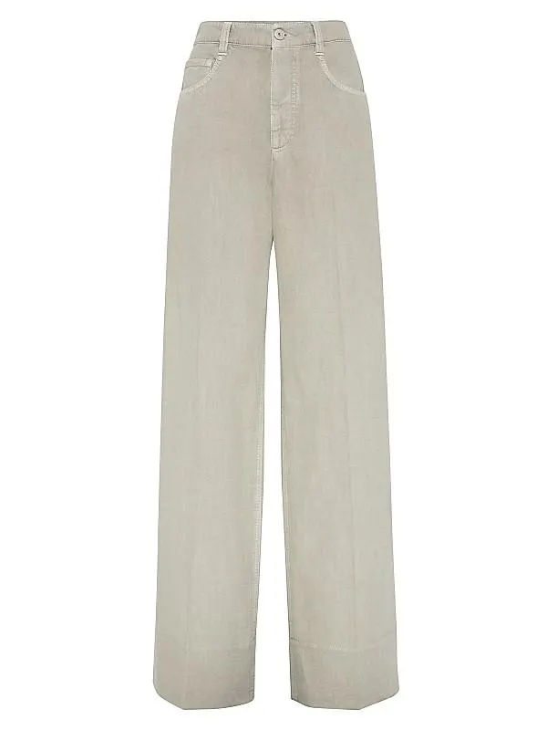 Garment Dyed Cotton and Linen Cover Loose Trousers with Monili