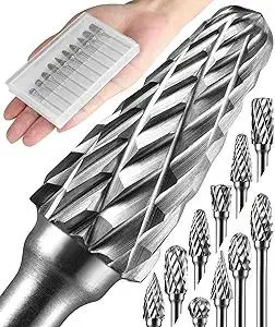 Product Summary: Sworker 10 Pcs Carbide Burr Set 1/8" Shank Compatible with Dremel Bits Rotary Tools Attachment Kit Rasp Drill File Accessories Metal Wood Stone Steel Grinding Carving Cutting Polishing Engraving