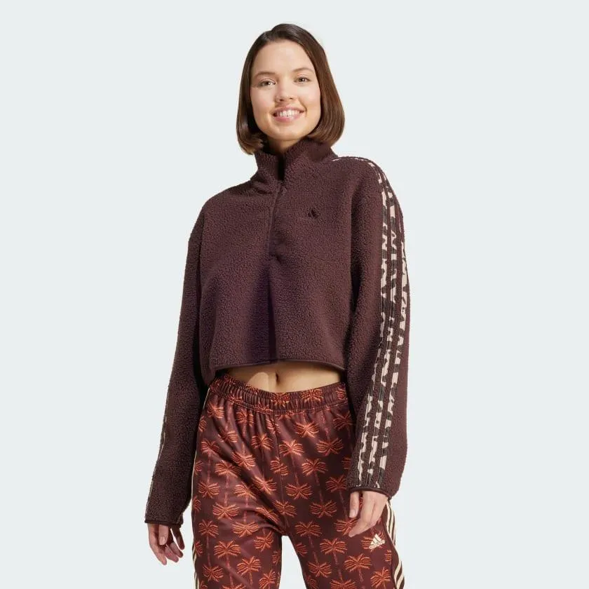 Essentials 3-Stripes Animal Print High Pile Cropped 1/4 Zip Top