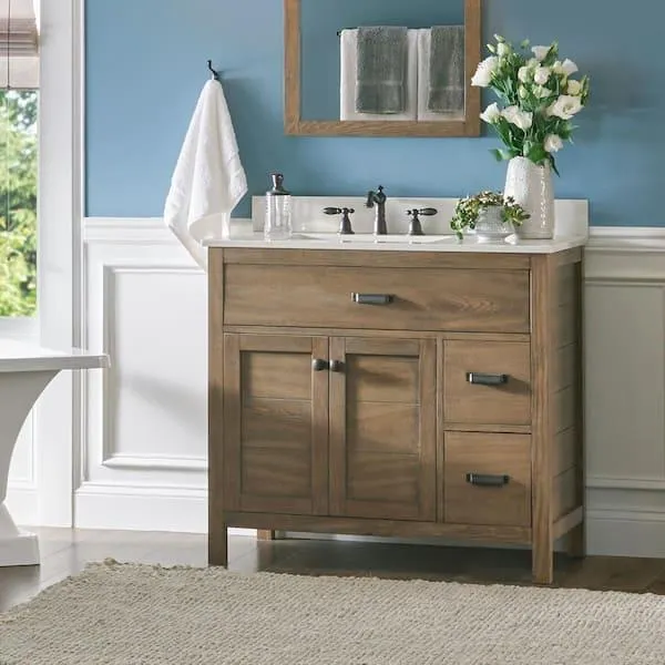 Stanhope 37 in. Single Sink Reclaimed Oak Bath Vanity with Crystal White Engineered Stone Top (Assembled)