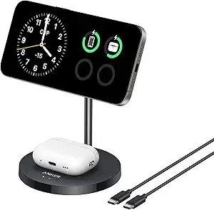 Anker MagSafe Compatible MagGo Charger Stand, iPhone 17 Wireless Charger, 2-in-1 Charging Station, Qi2 Certified 15W Fast Charging, for iPhone 17/16/15/14/13/12, AirPods Pro (Black, No Adapter)