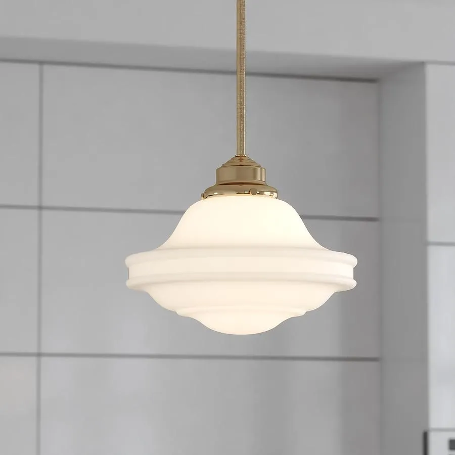 Cascadia Huntley Natural Brass Farmhouse White glass Schoolhouse Medium Hanging Pendant light