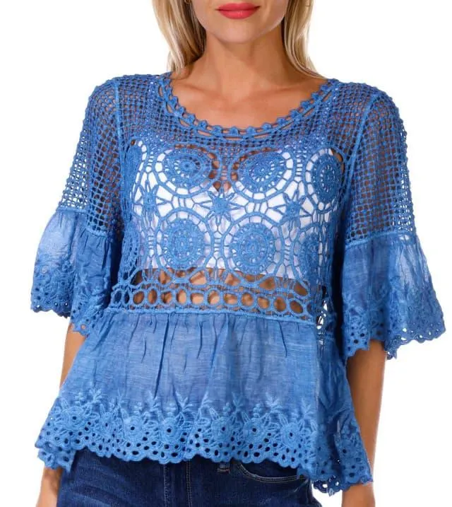 Rebellion Juniors Washed Crochet Short Sleeve Top