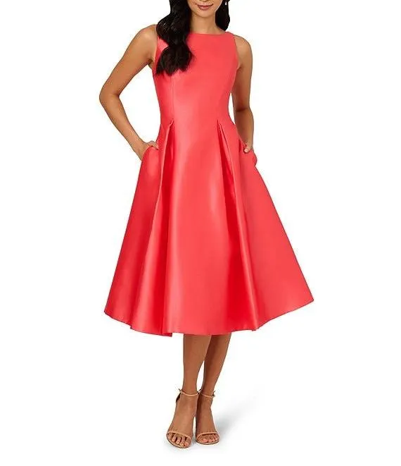 Boat Neck Sleeveless A-Line Taffeta Midi Dress