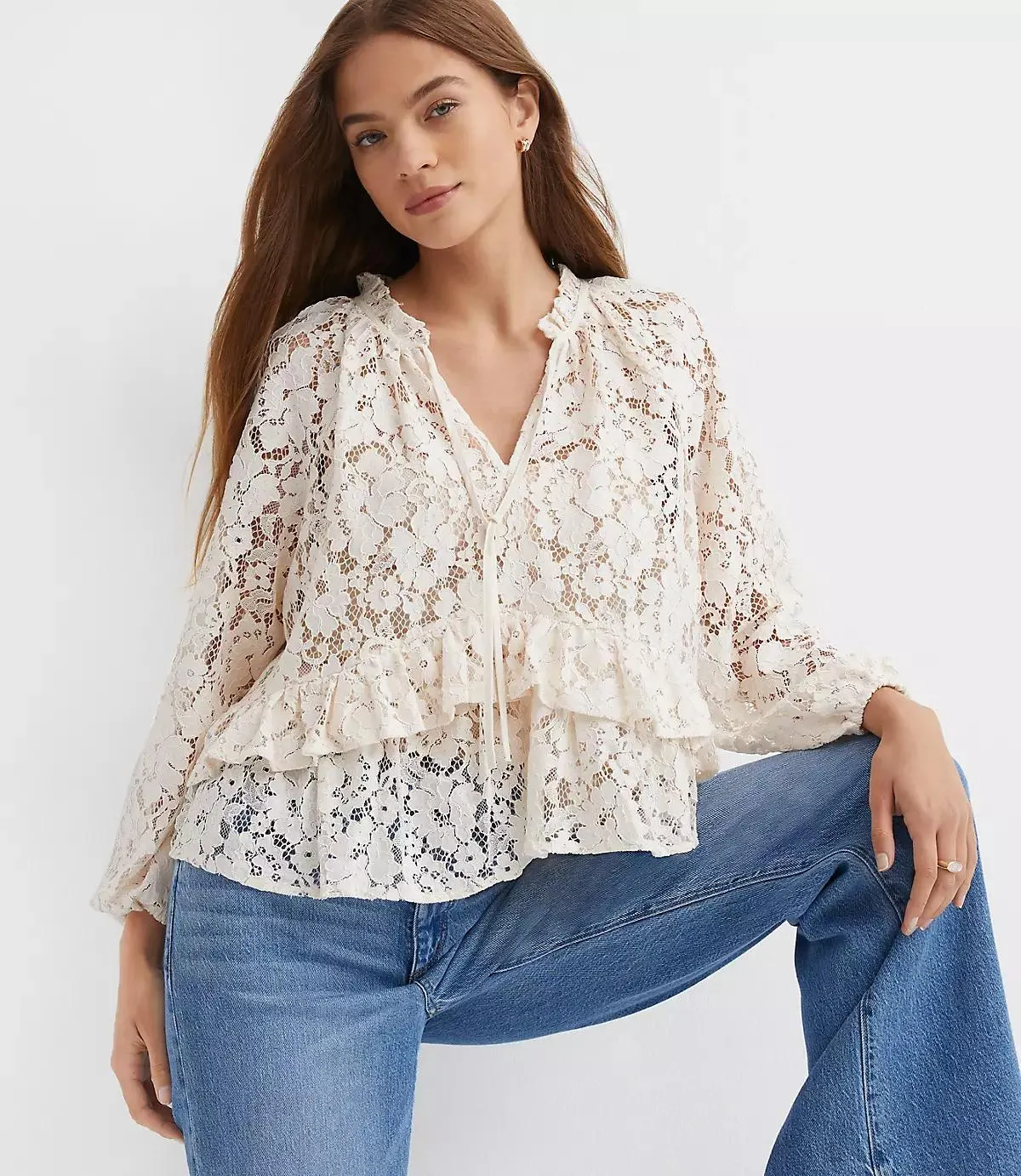 Floral Lace Ruffle Peplum Blouse