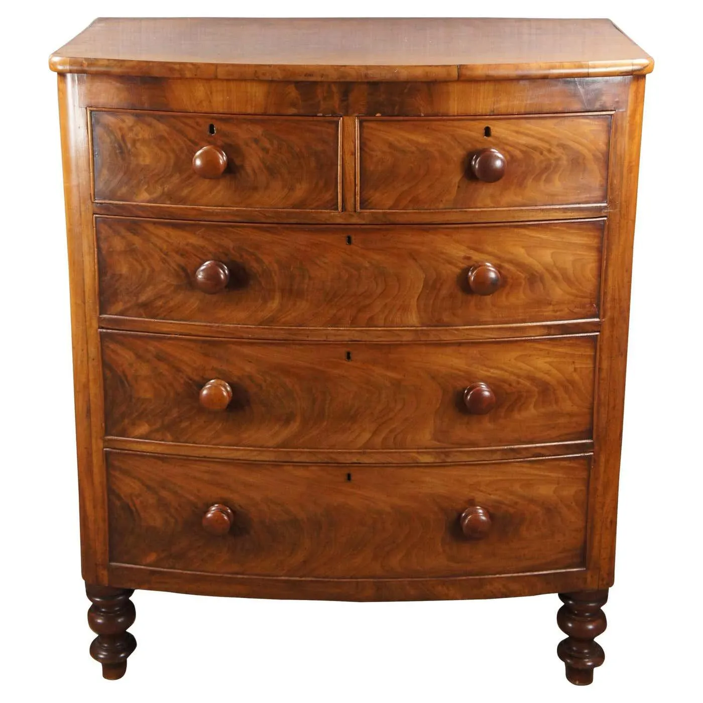 Antique Victorian Flame Mahogany Bow Front Tallboy Dresser Chest of Drawers 50"