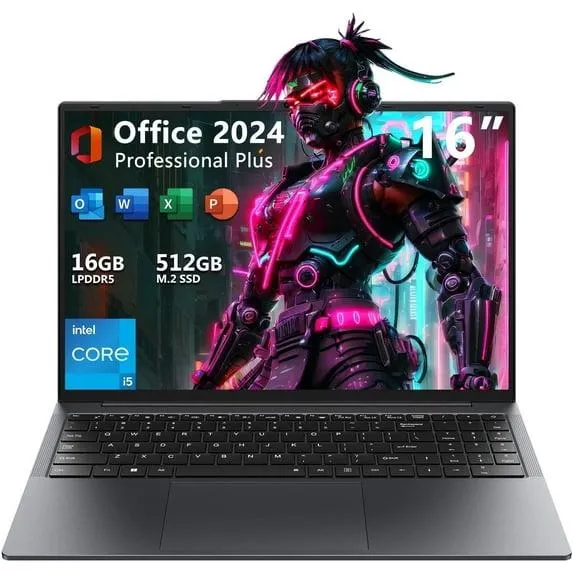 16" Laptop Computer,Intel Core i5,16GB RAM 512GB SSD,Windows 11 Pro Notebook PC,MS Office 365,100% sRGB Color Gamut FHD Display,Dual Band Wi-Fi,Webcam
