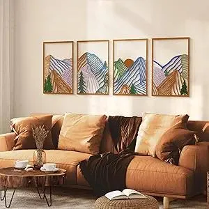 Glamativity 4 Pcs Colorful And Black Double-Sided Abstract Mountain Metal Wall Art , Mountain Line Art Décor, 3D Textured Minimalist Wall Decor, Rustic Nature Wall Décor for Living Room Bedroom Study (Mountain, M Size 17 x 12'')