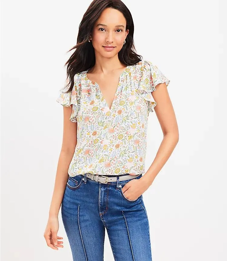 Garden Flutter Sleeve Mixed Media Top