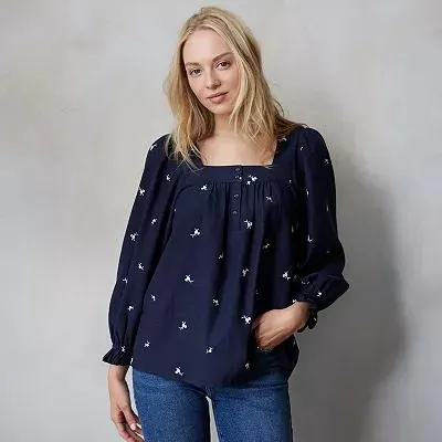 Women's LC Lauren Conrad Henley Puff Sleeve Peasant Top