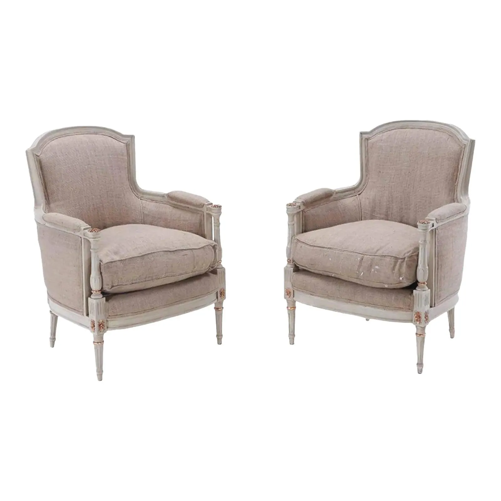 Painted and Gilt Louis XVI Style Bergere Chairs Circa 1950 With Recent Burlap Fabric.