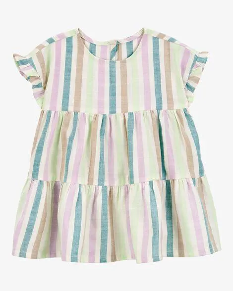 Baby Striped Linen Look-Alike Tiered Dress