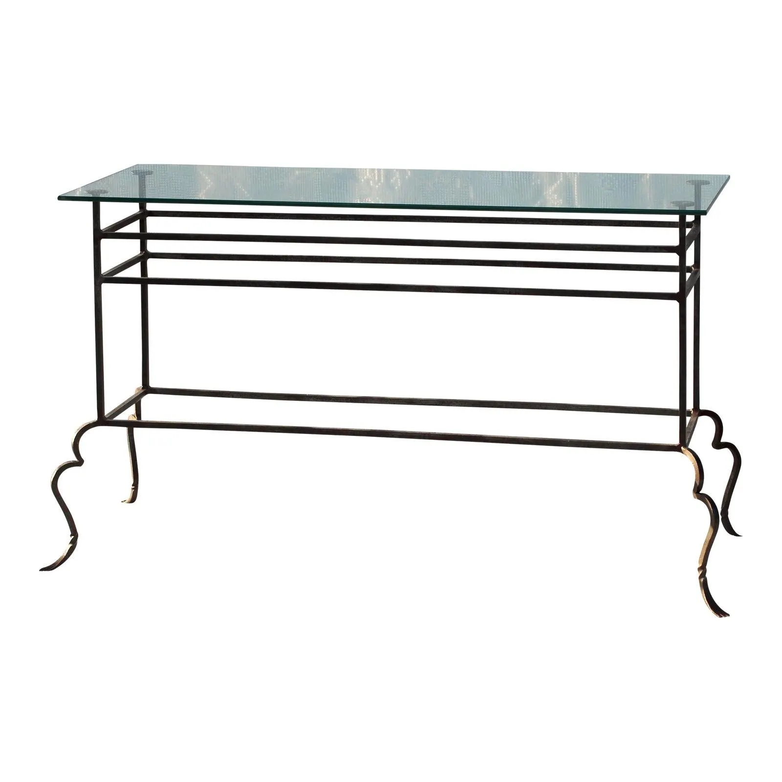 1990s Forged Wrought Iron Sofa Table With Glass Top and Detailed Feet