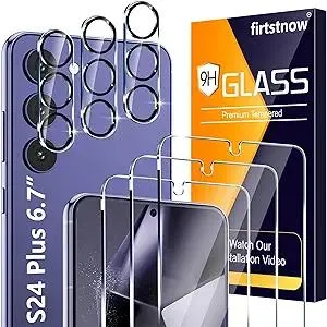 3 Pack Glass Screen Protector for Samsung Galaxy S24 Plus [6.7 inch] + 3 Pack Camera Lens Protector, 9H Tempered Glass, Fingerprint Unlock, HD Clear Case Friendly Anti-Scratch