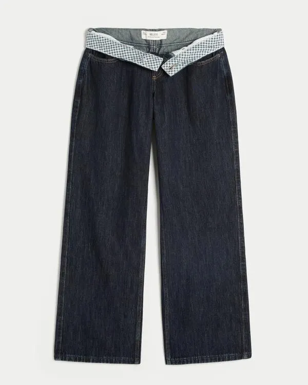 Curvy Low-Rise Dark Wash Foldover Waist Baggy Jeans