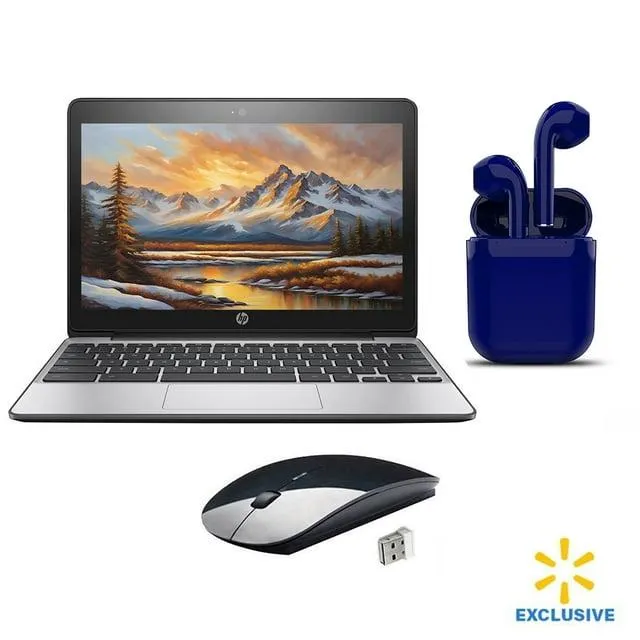 Restored HP Chromebook 11.6-inch Intel Celeron 4GB RAM 16GB SSD Bundle: USA Essentials Bluetooth/Wireless Airbuds, Wireless Mouse By Certified 2 Day Express (Refurbished)
