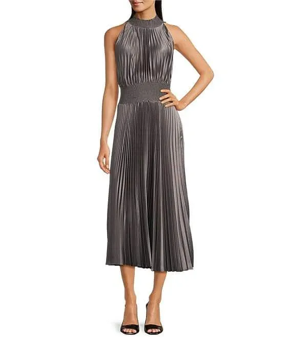 Sleeveless Halter Mock Neck Smocked Pleated Crepe Chiffon A-Line Midi Dress