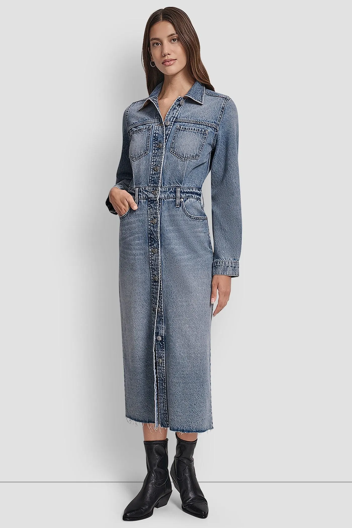 FRAYED DENIM MIDI SHIRT DRESS