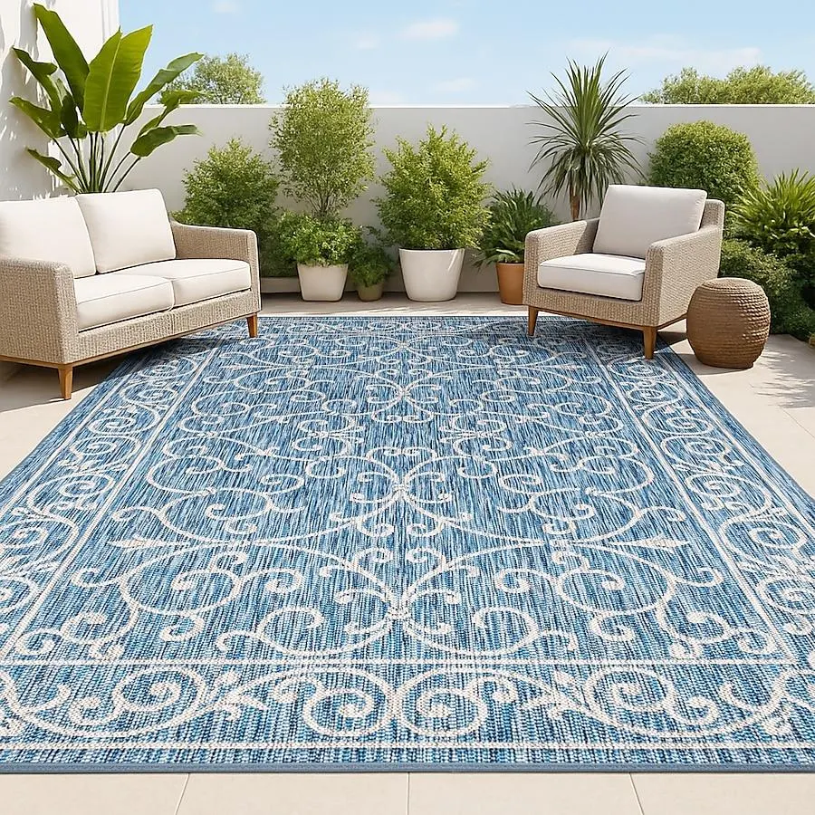 JONATHAN Y SANTA MONICA Charleston Vintage Filigree Textured Weave 9 x 12 (ft) Loomed Navy/Gray Rectangular Indoor/Outdoor Medallion French Country Area rug Pet Friendly