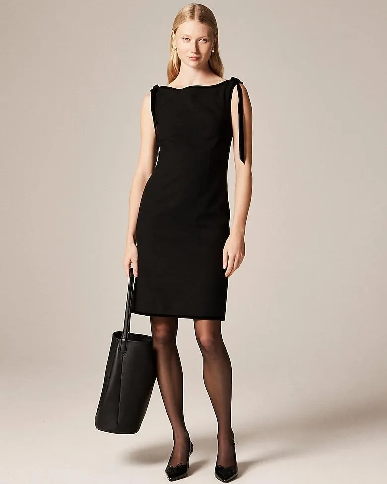 Seamed sheath dress with velvet bows in four-season stretch
