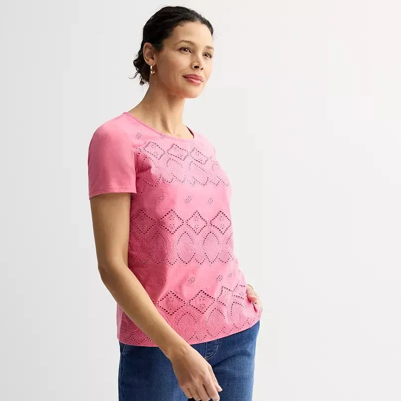Women's Croft & Barrow® Knit Tee With Eyelet Overlay
