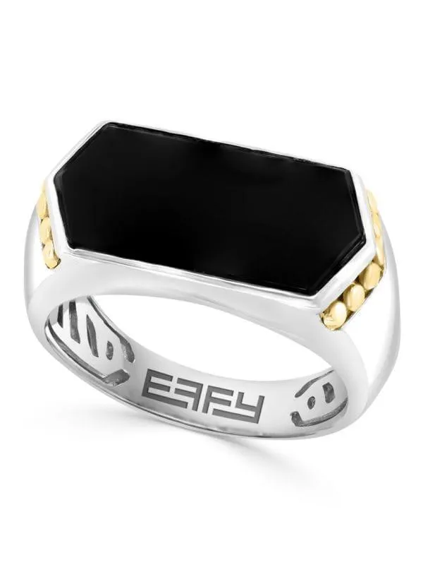 Two Tone Sterling Silver & Onyx Signet Ring