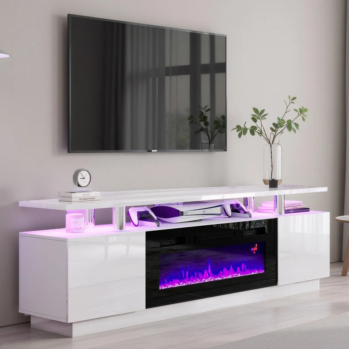 Bhhatu 2 Tier High 70" Gloss TV Stand with Electric Fireplace Included, White/Black