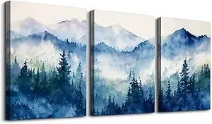 SERIMINO Nature Landscape Canvas Wall Art for Living Room, Forest Mountain Canvas Prints Paintings, Blue Modern Farmhouse Wall Decor for Bedroom Bathroom Set of 3, 12"X16"