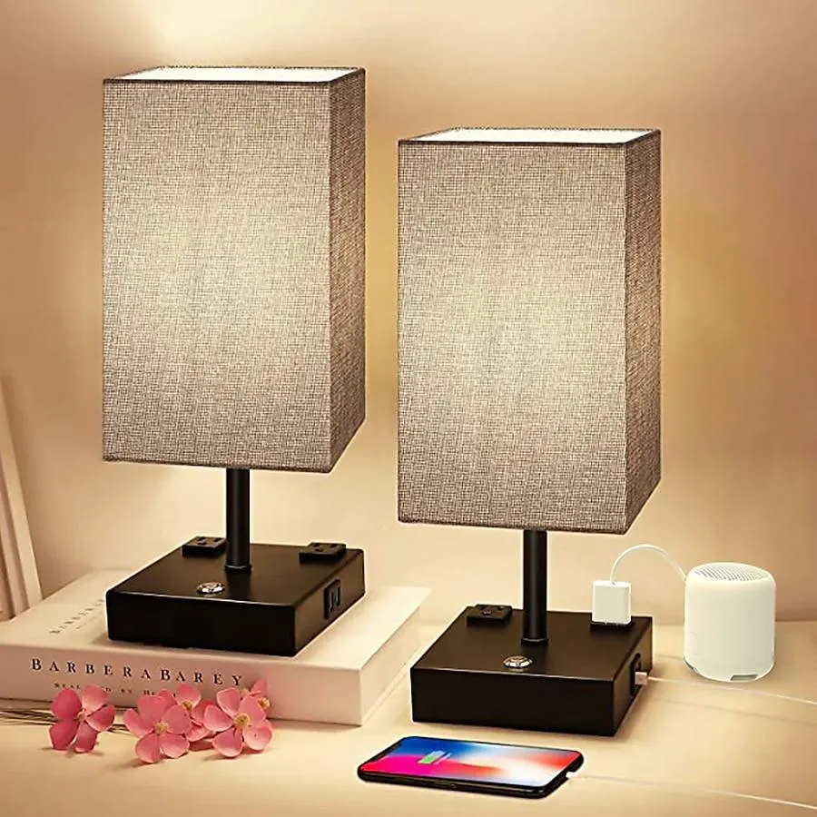 Cedar Hill Table lamp with USB charge port and AC outlets 15-Inches Black LED Touch Table Lamp with Fabric Shade 2 -Set