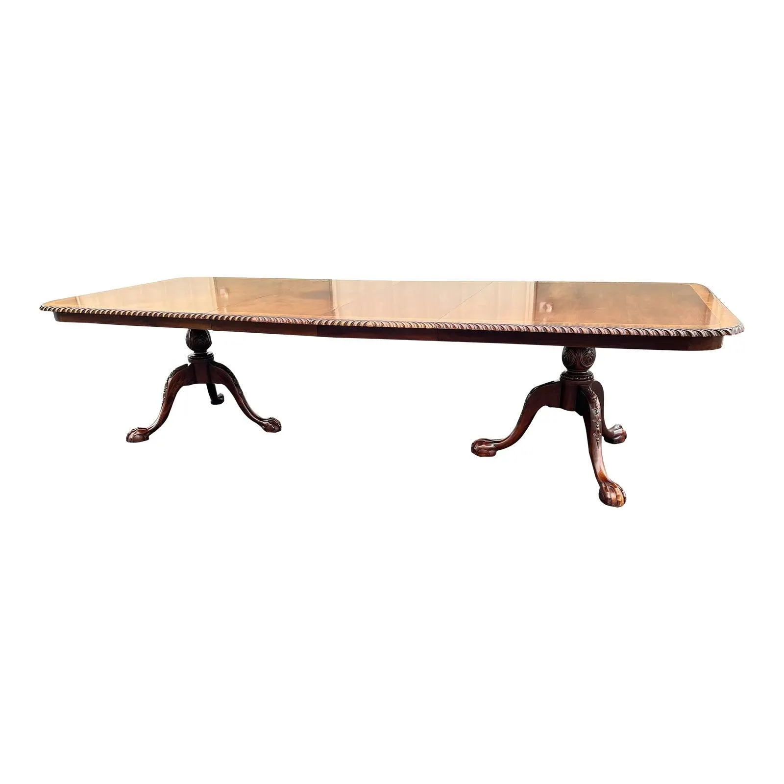 Banded Mahogany Double Pedestal Extension Dining Table- Clawfoot, Corded Edge