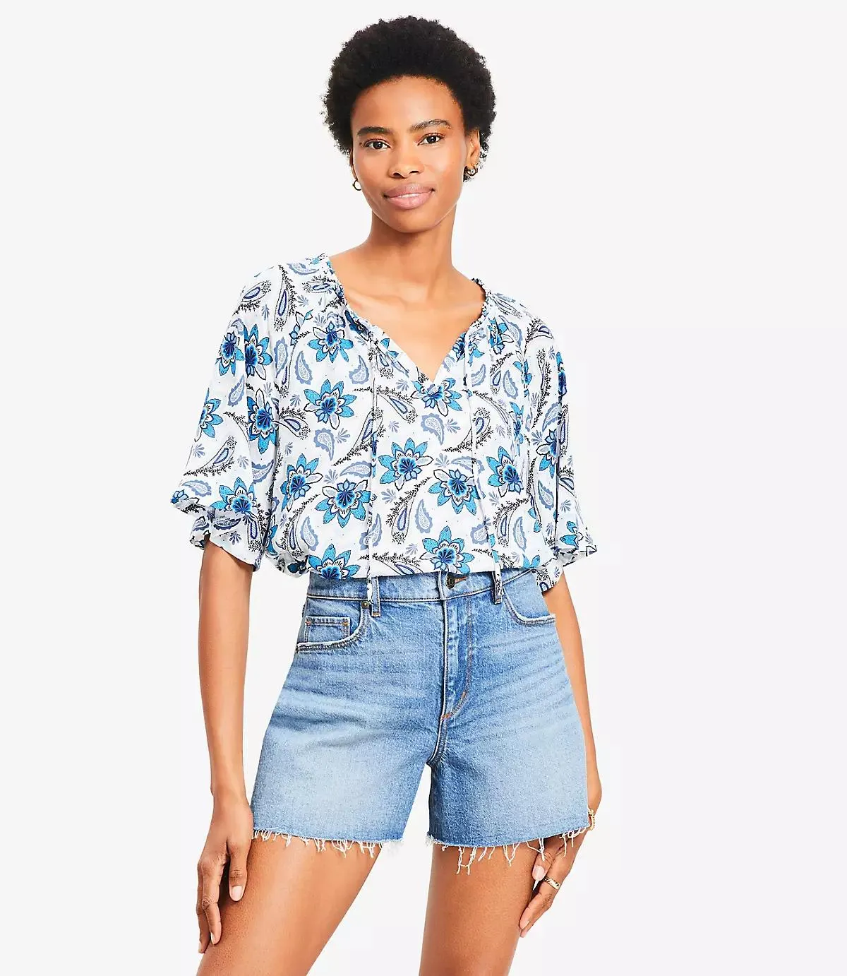 Paisley Tie Neck Mixed Media Blouse