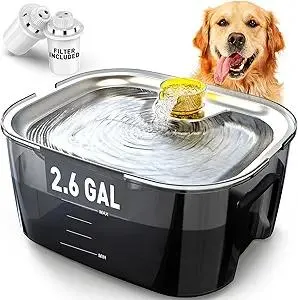 2.6 Gallon Dog Water Fountain – Stainless Steel 10L Pet Fountain Cat Fountain Dog Bowl Dispenser 338oz Capacity for Multi Pet Homes 2 Filters with 7 Layer Dual Filter System Ultra Quiet Pump