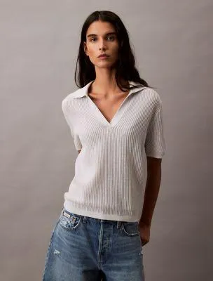 Open Knit Relaxed Polo Sweater