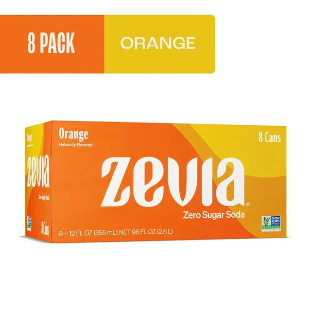 Zevia Zero Sugar, 0 Calorie Orange Soda, 12 fl oz, 8 Pack Cans