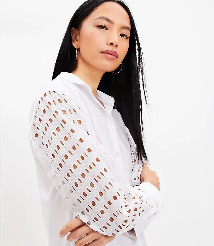 Eyelet Sleeve Cotton Blend Oversized Shirt