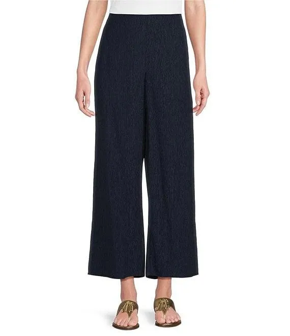 Crinkle Texture Plisse Wide Leg Ankle Pants