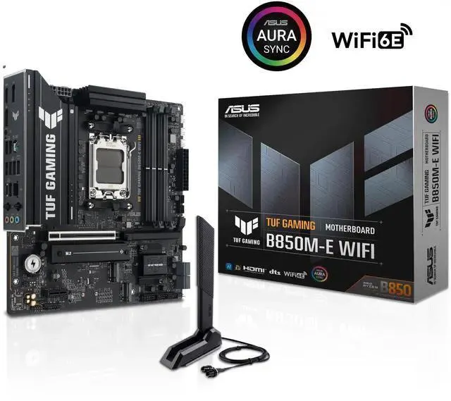 ASUS TUF GAMING B850M-E WIFI AMD B850 mATX motherboard, 8+2+1 80A DrMOS power stages, DDR5, PCIe 5.0, three M.2 slots, WiFi 6E, 2.5Gb Ethernet, DisplayPort, HDMI, rear USB-C 10Gbps and front USB-C 5Gbps