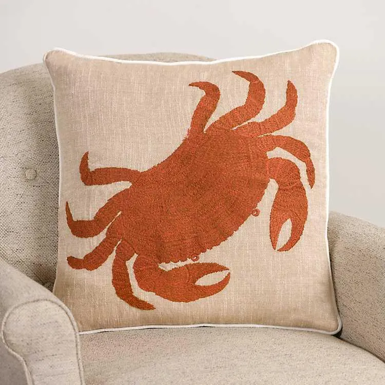 Embroidered Crab Chambray Pillow
