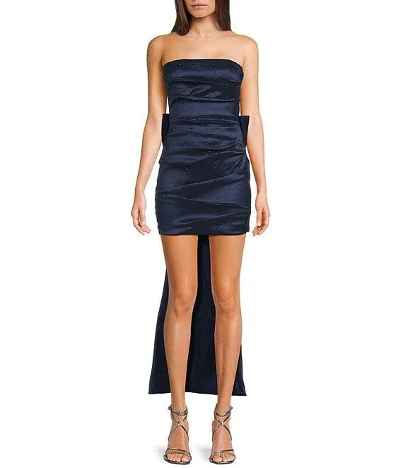 Strapless Pearl Taffeta Bow Back Mini Train Dress