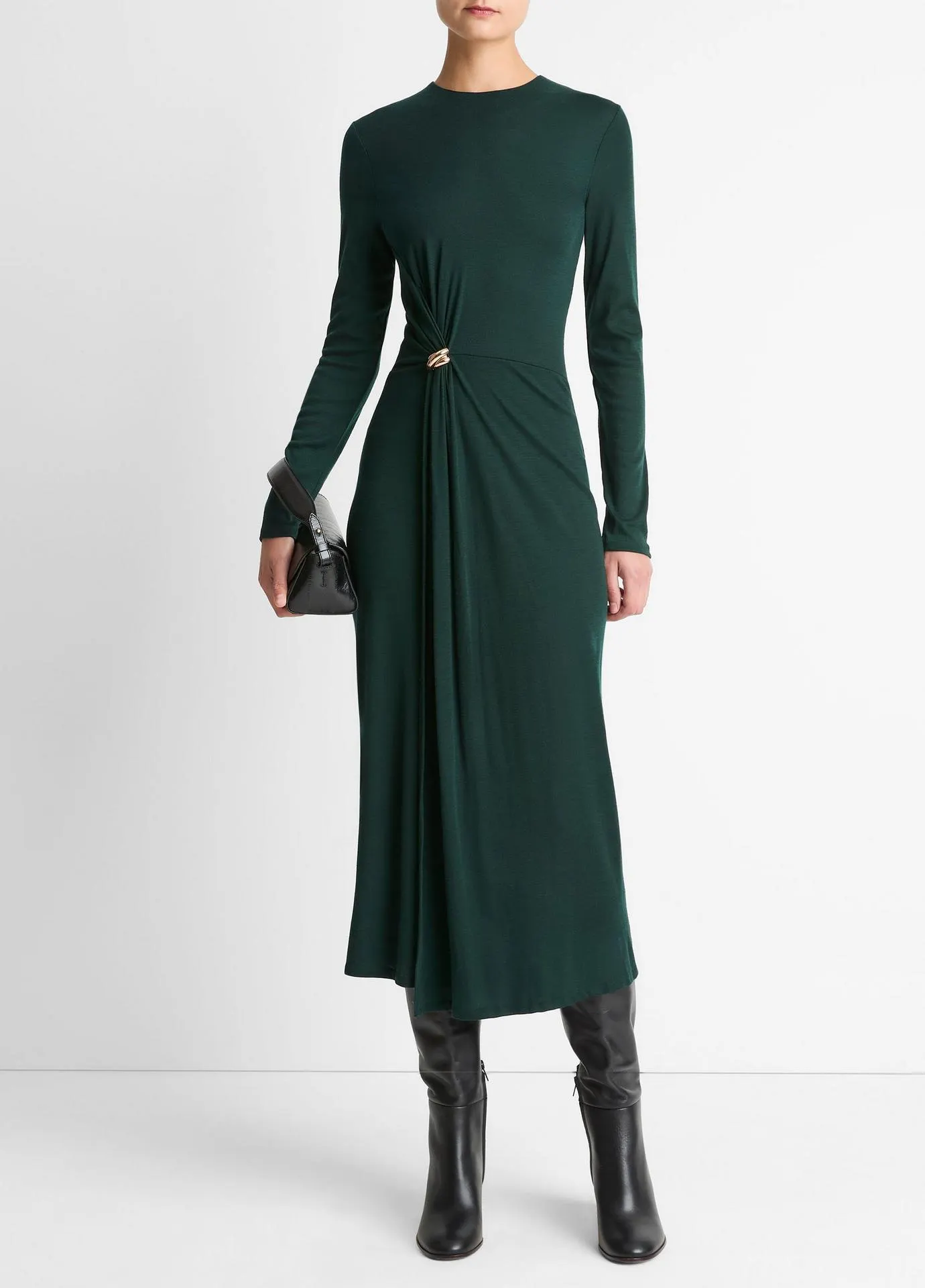 Cinched-Waist Wool-Blend Long-Sleeve Dress