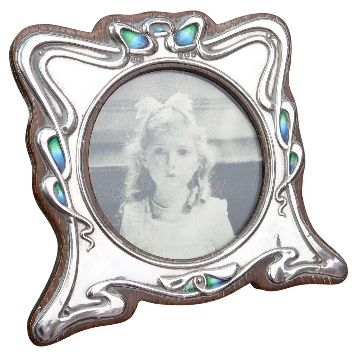 Antique Art Nouveau Silver and Enamel Photograph Frame. English. Dated 1905